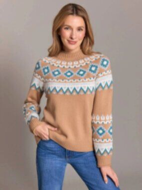 Alashan Cashmere Vail Fair Isle Merino Wool Angora Mock Neck Camel Sweater M L